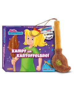 Abbildung der Verpackung des Bibi Sonderprodukts "Kampf um Kartoffelbrei" Teil 1-12 und dem Besen Schlüsselanhänger 