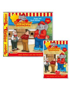 Abbildung der Hörspiel-CD und der Hörspiel-Kassette Benjamin Blümchen Folge 162 Ärger mit Rudi Raffke 

