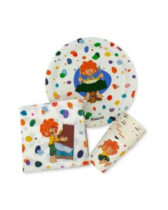 Abbildung des Pumuckl Kinder Party-Sets mit Papptellern, Servietten und Pappbechern.