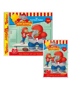 Abbildungen der Hörspiel-CD und der Hörspiel-Kassette Benjamin Blümchen Folge 166 im Football-Fieber