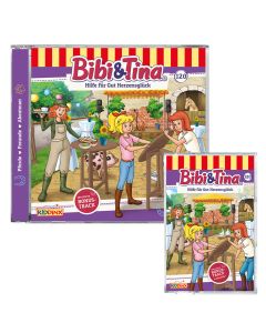 Abbildung der Hörspiel-CD und der Hörspiel-Kassette Bibi & Tina Folge 120 Hilfe für Gut Herzensglück