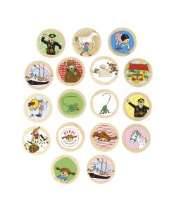 Abbildung des Memo Spiels von Pippi Langstrumpf mit runden Holz Teilen mit Pippi Motiven