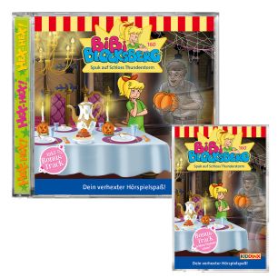 Abbildung der Hörspiel-CD und der Hörspiel-Kassette Bibi Blocksberg Folge 160 Spuk auf Schloss Thunderstorm