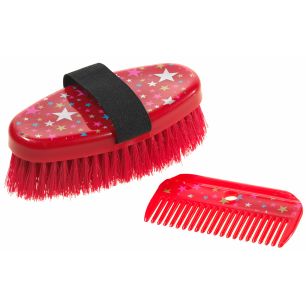 Abbildung eines roten Pflegebürsten Sets mit Bürste und Kamm für Plüsch Pferde