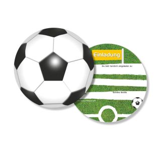 Abbildung der Einladungskarten in Form eines Fußballes mit einer Rückseite zum beschriften
