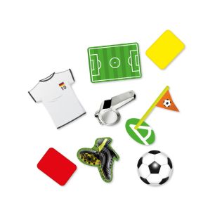 Abbildung des Fußball Konfetti als Trikot, Pfeife, Eckfahne, rote und gelbe Karte, Fußballschuhe