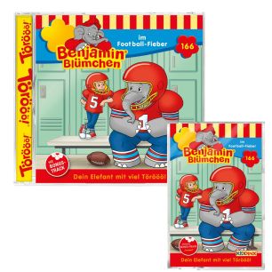 Abbildungen der Hörspiel-CD und der Hörspiel-Kassette Benjamin Blümchen Folge 166 im Football-Fieber