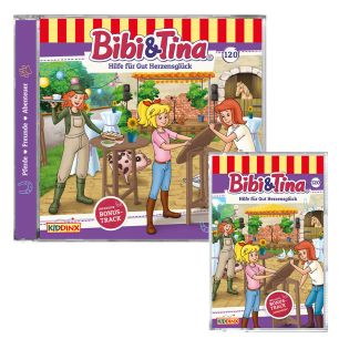 Abbildung der Hörspiel-CD und der Hörspiel-Kassette Bibi & Tina Folge 120 Hilfe für Gut Herzensglück