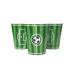Abbildung der Pappbecher im Fußballfeld Design.